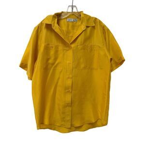 SMW women’s vintage 90s bright neon yellow 90s 100% silk button up blouse M